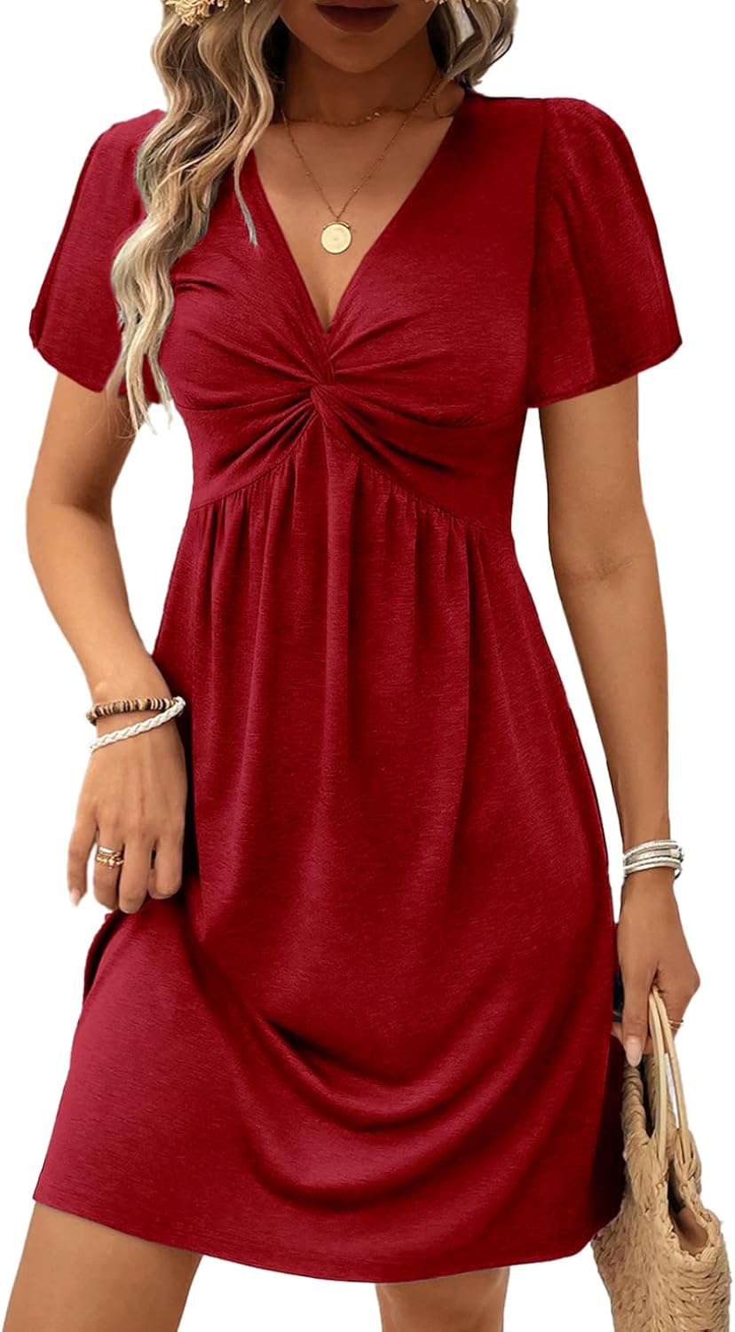 Acelitt Womens Casual Summer Twist Front V Neck Short Sleeve Mini Dress, S-XXL