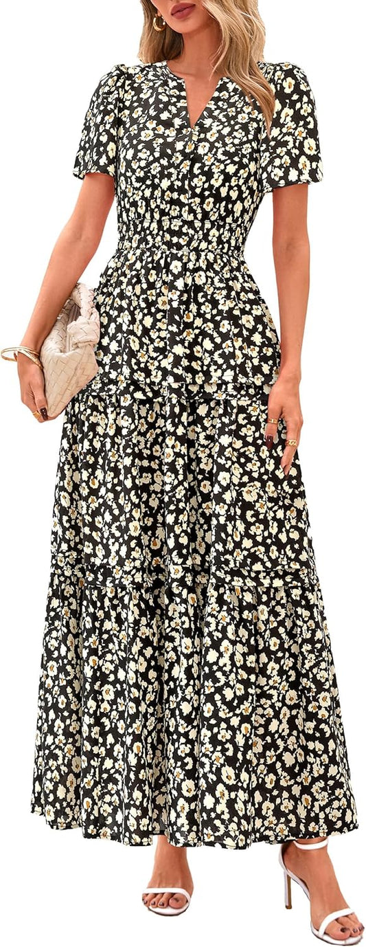 PRETTYGARDEN Women's 2025 Summer Boho Maxi Dresses Floral Short Sleeve V Neck A Line Tiered Flowy Long Beach Vacation Dress