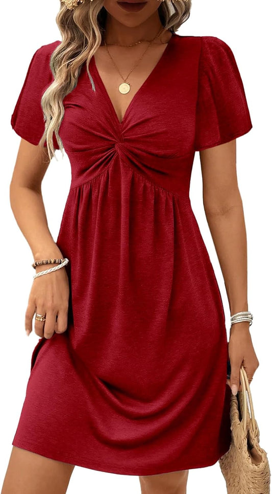 Acelitt Womens Casual Summer Twist Front V Neck Short Sleeve Mini Dress, S-XXL