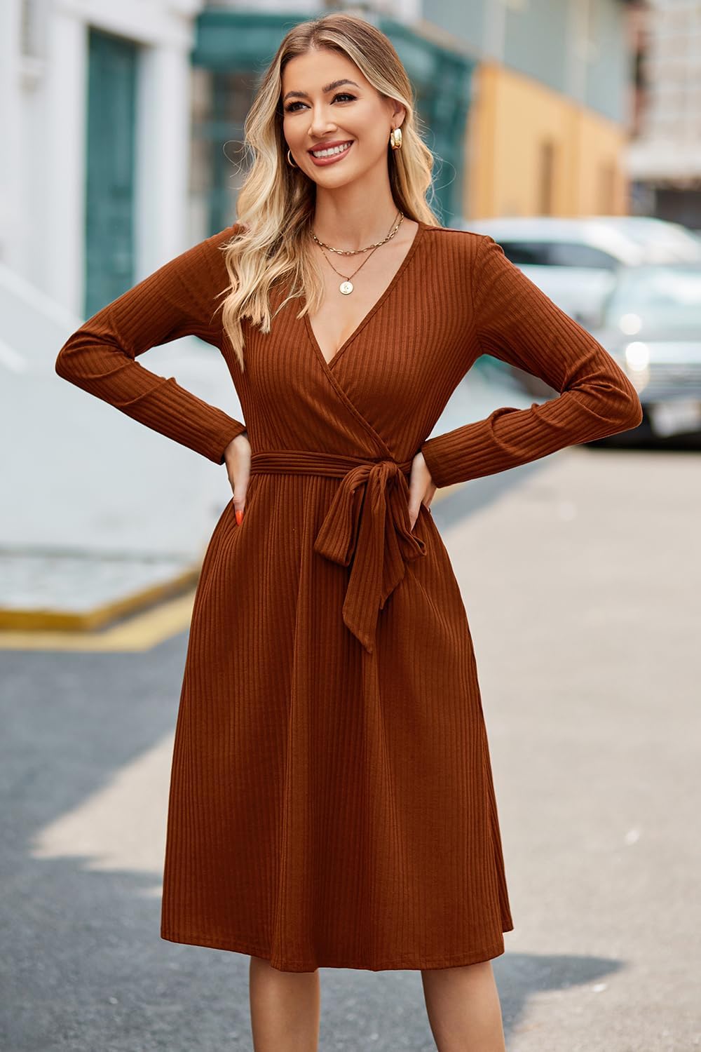 Newshows Womens 2025 Fall Dresses Teacher Church Business Casual Work Outfits Knit Midi Sweater Pockets Belt Dress
