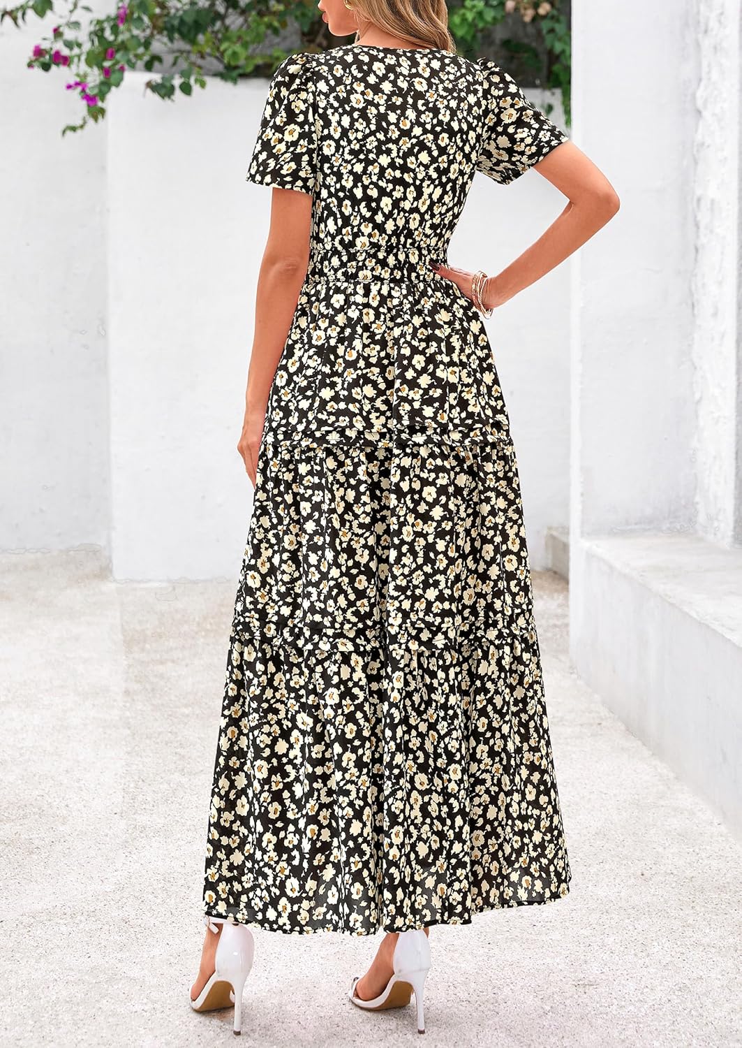 PRETTYGARDEN Women's 2025 Summer Boho Maxi Dresses Floral Short Sleeve V Neck A Line Tiered Flowy Long Beach Vacation Dress