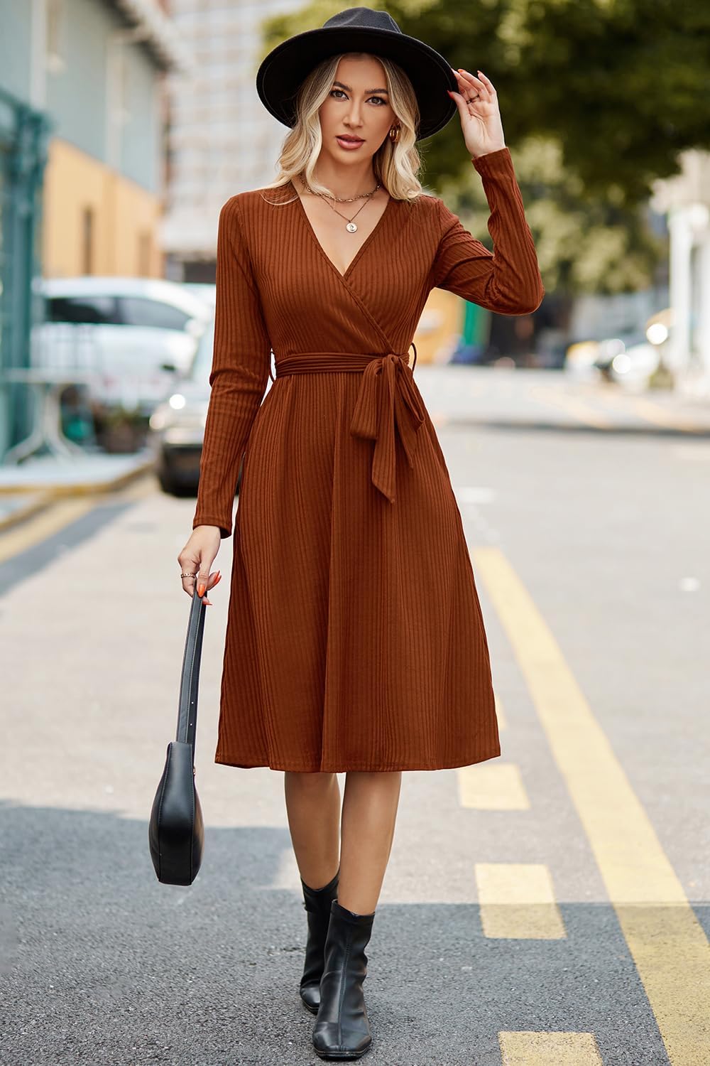 Newshows Womens 2025 Fall Dresses Teacher Church Business Casual Work Outfits Knit Midi Sweater Pockets Belt Dress