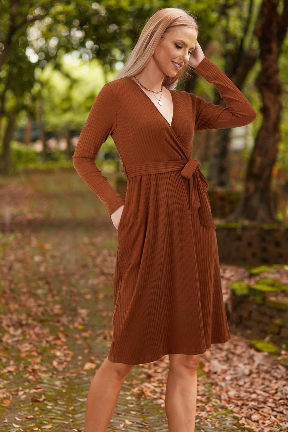 Newshows Womens 2025 Fall Dresses Teacher Church Business Casual Work Outfits Knit Midi Sweater Pockets Belt Dress